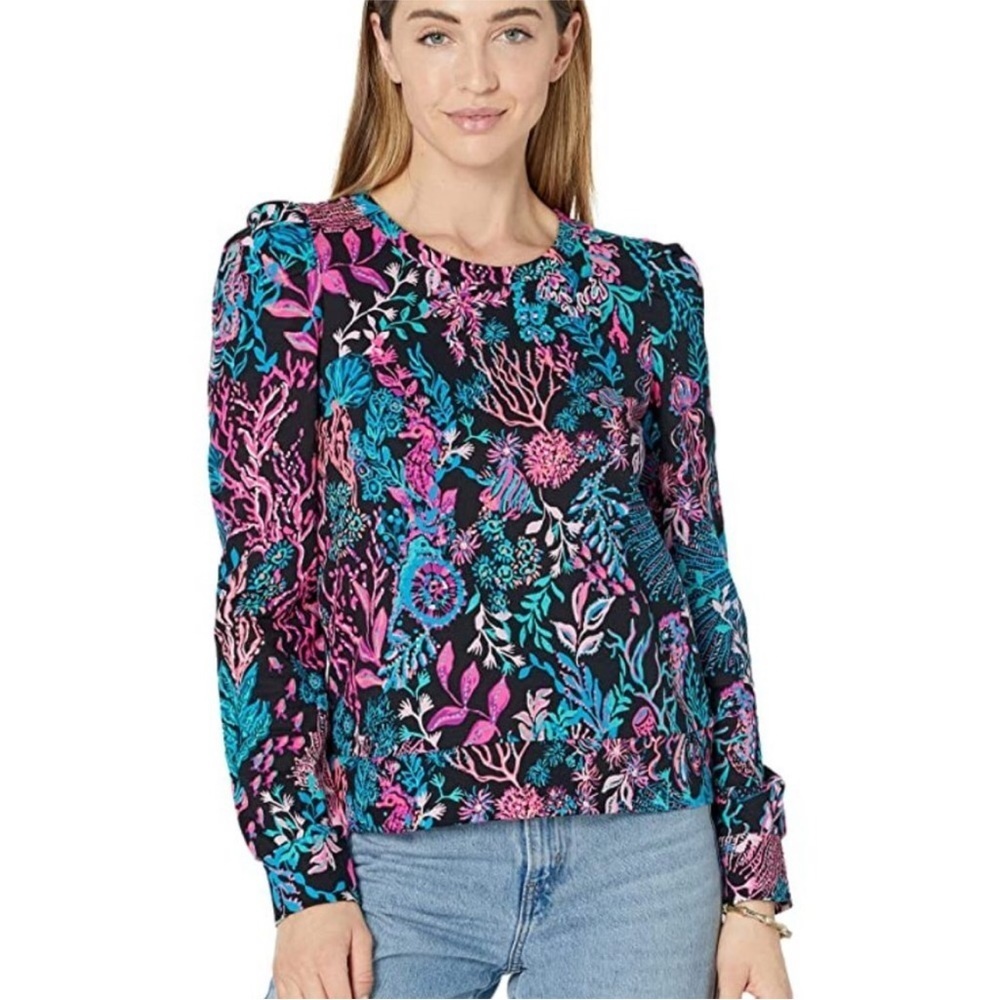 Lilly Pulitzer Jansen Puff Sleeve Sweatshirt Onyx Twilight Coral Medium